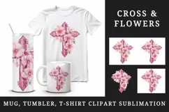 Watercolor floral cross religion sparkle pink flowers shining diamonds 20 oz tumbler skinny mug wrap clipart t-shirt sublimation printable design