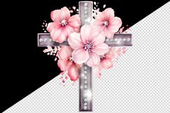Watercolor floral cross religion sparkle pink flowers shining diamonds 20 oz tumbler skinny mug wrap clipart t-shirt sublimation printable design