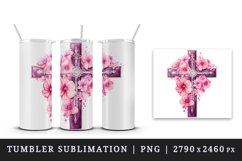 Watercolor floral cross religion sparkle pink flowers shining diamonds 20 oz tumbler skinny mug wrap clipart t-shirt sublimation printable design