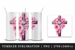 Watercolor floral cross religion sparkle pink flowers shining diamonds 20 oz tumbler skinny mug wrap clipart t-shirt sublimation printable design