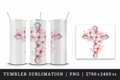 Watercolor floral cross religion sparkle pink flowers shining diamonds 20 oz tumbler skinny mug wrap clipart t-shirt sublimation printable design