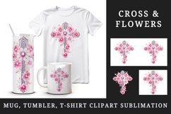 Watercolor floral cross religion sparkle pink flowers shining diamonds 20 oz tumbler skinny mug wrap clipart t-shirt sublimation printable design