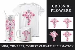 Watercolor floral cross religion sparkle pink flowers shining diamonds 20 oz tumbler skinny mug wrap clipart t-shirt sublimation printable design