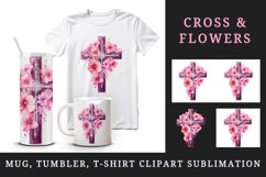 Watercolor floral cross religion sparkle pink flowers shining diamonds 20 oz tumbler skinny mug wrap clipart t-shirt sublimation printable design