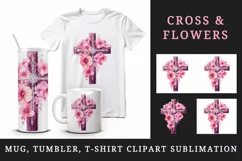 Watercolor floral cross religion sparkle pink flowers shining diamonds 20 oz tumbler skinny mug wrap clipart t-shirt sublimation printable design