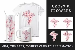 Watercolor floral cross religion sparkle pink flowers shining diamonds 20 oz tumbler skinny mug wrap clipart t-shirt sublimation printable design