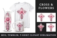 Watercolor floral cross religion sparkle pink flowers shining diamonds 20 oz tumbler skinny mug wrap clipart t-shirt sublimation printable design