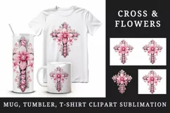 Watercolor floral cross religion sparkle pink flowers shining diamonds 20 oz tumbler skinny mug wrap clipart t-shirt sublimation printable design