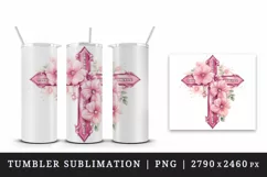 Watercolor floral cross religion sparkle pink flowers shining diamonds 20 oz tumbler skinny mug wrap clipart t-shirt sublimation printable design