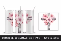 Watercolor floral cross religion sparkle pink flowers shining diamonds 20 oz tumbler skinny mug wrap clipart t-shirt sublimation printable design