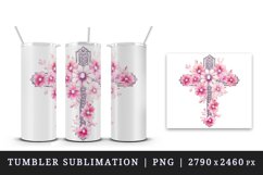 Watercolor floral cross religion sparkle pink flowers shining diamonds 20 oz tumbler skinny mug wrap clipart t-shirt sublimation printable design