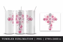 Watercolor floral cross religion sparkle pink flowers shining diamonds 20 oz tumbler skinny mug wrap clipart t-shirt sublimation printable design