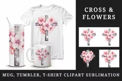 Watercolor floral cross religion sparkle pink flowers shining diamonds 20 oz tumbler skinny mug wrap clipart t-shirt sublimation printable design