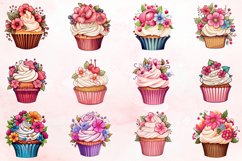 Watercolor Floral Cupcake Clipart Bundle Product Image 2