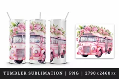 Watercolor floral cute pink school bus flowers back to school 20oz tumbler skinny mug wrap clipart t-shirt sublimation printable design
