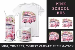 Watercolor floral cute pink school bus flowers back to school 20oz tumbler skinny mug wrap clipart t-shirt sublimation printable design