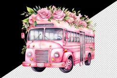 Watercolor floral cute pink school bus flowers back to school 20oz tumbler skinny mug wrap clipart t-shirt sublimation printable design