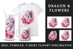 Watercolor floral dragon fantasy animal sparkle pink flowers roses diamonds 20 oz tumbler skinny mug wrap clipart t-shirt sublimation printable design