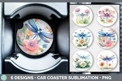 Bundle of six Watercolor Flower Dragonflies Car Coaster designs.