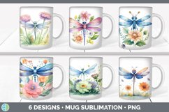 Bundle of six Watercolor Flower Dragonflies Mug Wrap designs.