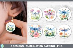 Bundle of six Watercolor Flower Dragonflies Round Earrings designs.