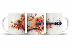 Watercolor Floral Guitar Mug Wrap Sublimation Designs, 3d Mug, guitar Png