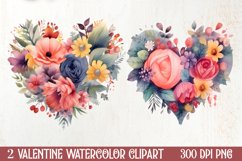 Watercolor Floral Heart Valentine Clipart, Valentines PNG Product Image 1