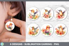 Bundle of six Watercolor Flower Hummingbirds Round Earrings designs.