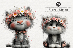 Watercolor Floral Kitten Clipart Product Image 1