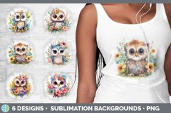 Bundle of six Watercolor Flower Owls Grunge Background designs.