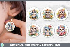 Bundle of six Watercolor Flower Owls Round Earrings designs.