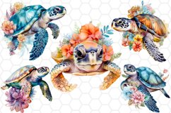 Watercolor Floral Sea turtle Clipart