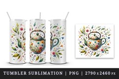 Watercolor floral teapot floating tea leaves and tiny colorful flowers print 20oz tumbler skinny mug wrap clipart t-shirt sublimation printable design