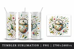 Watercolor floral teapot floating tea leaves and tiny colorful flowers print 20oz tumbler skinny mug wrap clipart t-shirt sublimation printable design