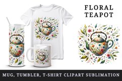 Watercolor floral teapot floating tea leaves and tiny colorful flowers print 20oz tumbler skinny mug wrap clipart t-shirt sublimation printable design