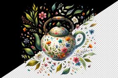 Watercolor floral teapot floating tea leaves and tiny colorful flowers print 20oz tumbler skinny mug wrap clipart t-shirt sublimation printable design