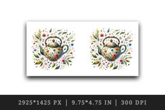 Watercolor floral teapot floating tea leaves and tiny colorful flowers print 20oz tumbler skinny mug wrap clipart t-shirt sublimation printable design