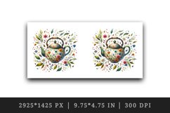 Watercolor floral teapot floating tea leaves and tiny colorful flowers print 20oz tumbler skinny mug wrap clipart t-shirt sublimation printable design