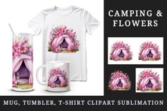 Watercolor floral tent camping sparkle pink flowers travel landscape 20 oz tumbler skinny mug wrap clipart t-shirt sublimation printable design