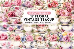 Floral Vintage Teacup Watercolor Clipart Bundle Product Image 1