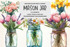 Watercolor Flower Mason Jar Clipart Product Image 1