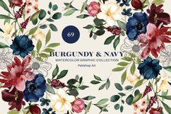 Burgundy &amp; Navy Watercolor Roses Clipart Collection Product Image 2