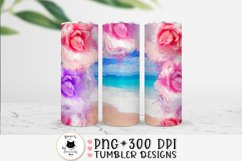 skinny tumbler design with watercolor roses and a beach shown on a white mockup