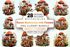 Watercolor Forest Mushrooms with Flowers Clipart Bundle Product Image 1