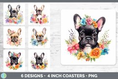 Bundle of six Wild Flowers French Bulldogs Square Coaster designs.