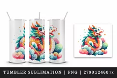 Watercolor friendly dragon vibrant hues clouds Chinese New Year print 20 oz tumbler skinny mug wrap clipart t-shirt sublimation printable design