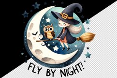 Watercolor friendly witch on broom moon cute owl Fly by Night quote print 20 oz tumbler skinny mug wrap clipart t-shirt sublimation printable design