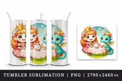 Watercolor friends cute princess and dragon wearing crowns having tea party print tumbler skinny mug wrap clipart t-shirt sublimation printable design