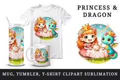 Watercolor friends cute princess and dragon wearing crowns having tea party print tumbler skinny mug wrap clipart t-shirt sublimation printable design