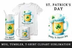 Watercolor frothy pint of beer clover luck Happy St Patrick Day quote print 20 oz tumbler skinny mug wrap clipart t-shirt sublimation printable design
